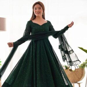 Women Green Embroidered Kurta Trouser Dupatta Set S-2XL | Ethnic Indian Suit